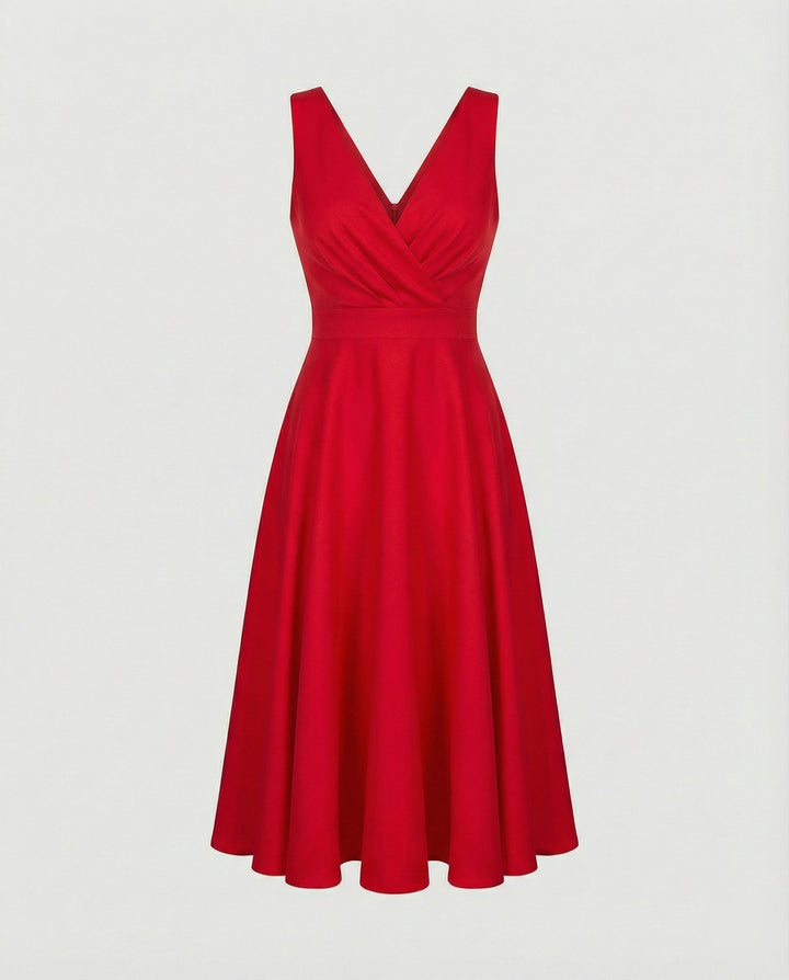 Clara - Elegant Women's Wedding Guest Midi Dress with V Neck and Flared Skirt
