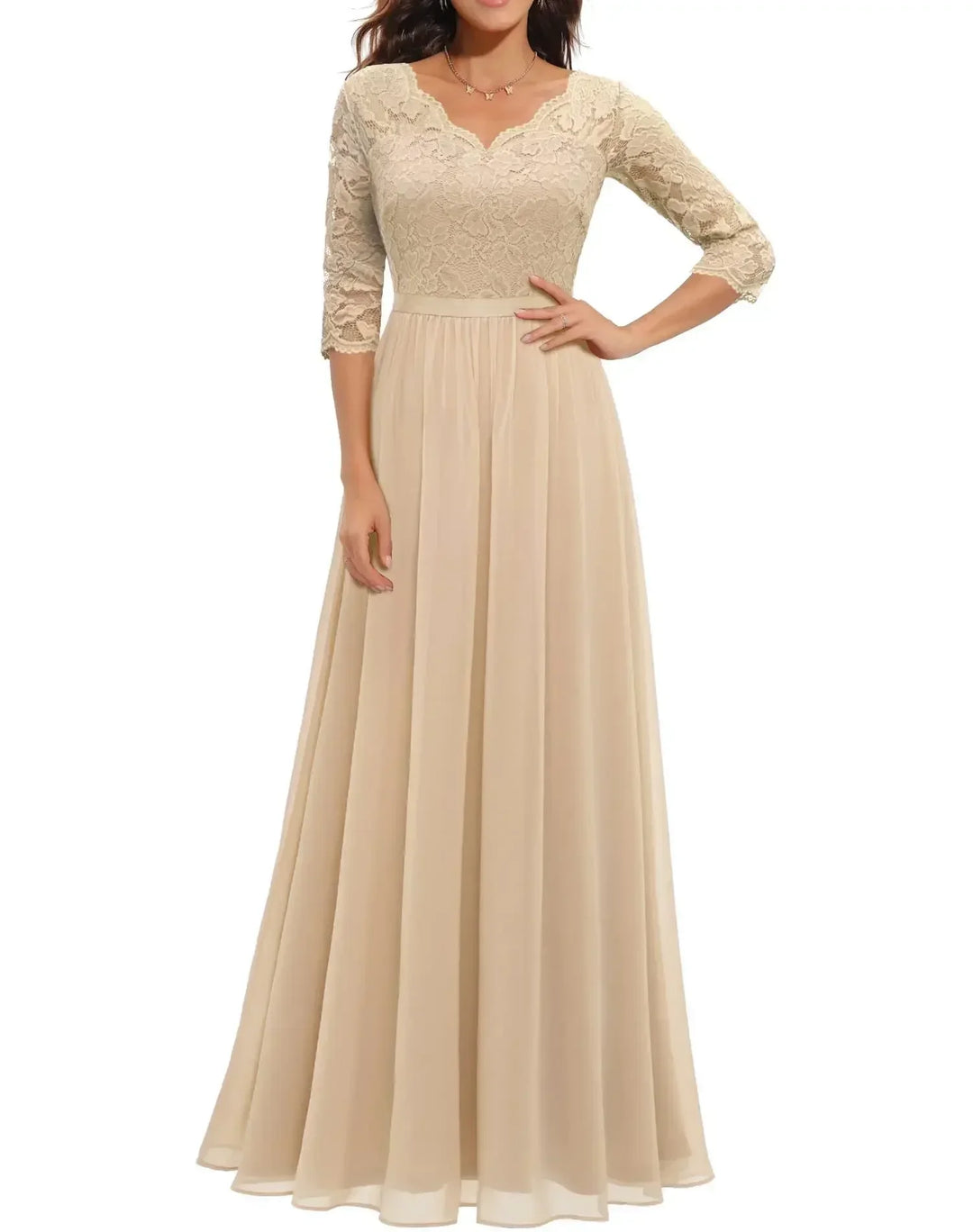 Clara - Vintage Women's Wedding Guest Maxi Dress with V Neck Lace Bodice and Three Quarter Sleeves