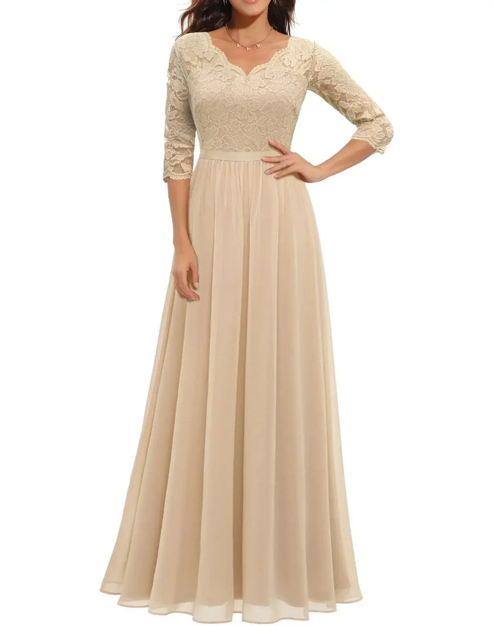 Clara - Vintage Women's Wedding Guest Maxi Dress with V Neck Lace Bodice and Three Quarter Sleeves