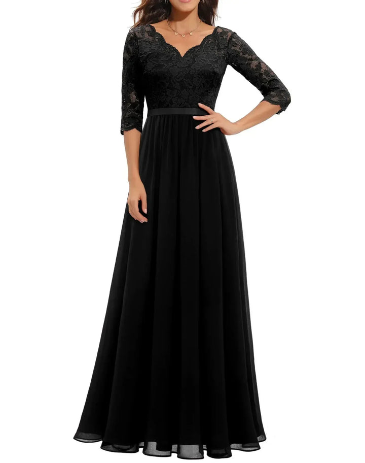 Clara - Vintage Women's Wedding Guest Maxi Dress with V Neck Lace Bodice and Three Quarter Sleeves