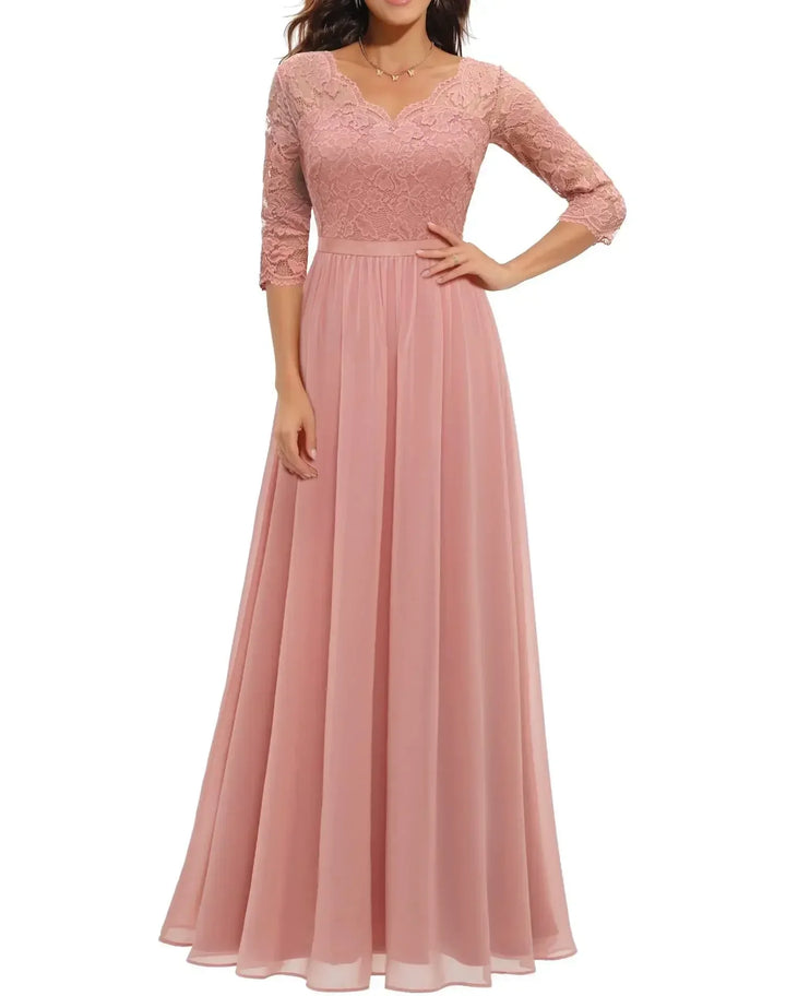 Clara - Vintage Women's Wedding Guest Maxi Dress with V Neck Lace Bodice and Three Quarter Sleeves