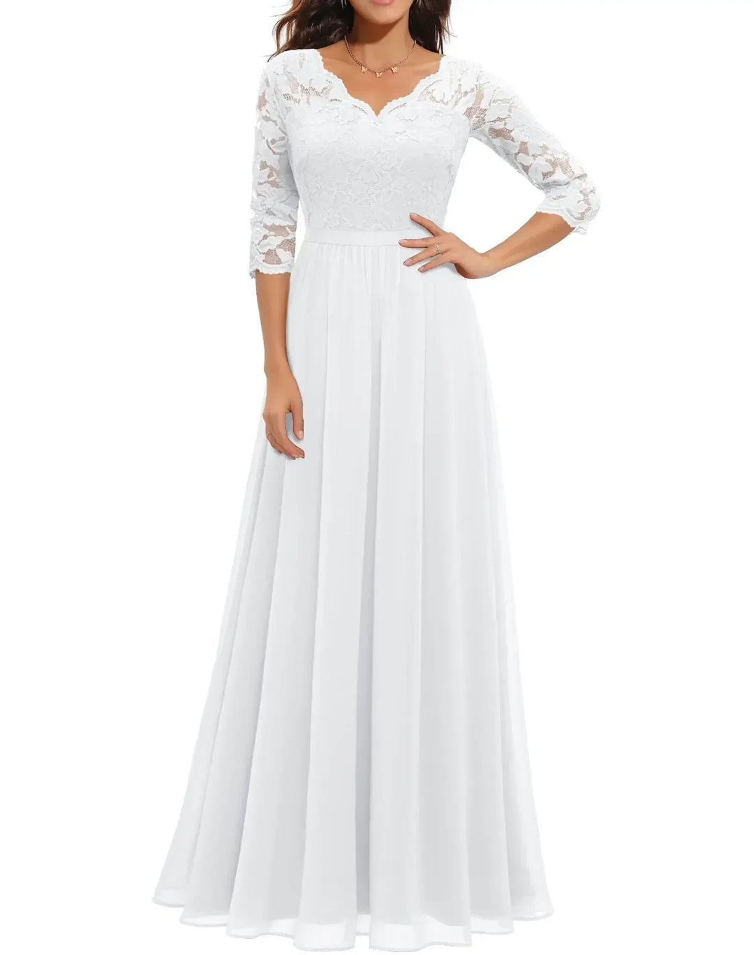 Clara - Vintage Women's Wedding Guest Maxi Dress with V Neck Lace Bodice and Three Quarter Sleeves
