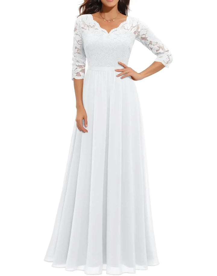 Clara - Vintage Women's Wedding Guest Maxi Dress with V Neck Lace Bodice and Three Quarter Sleeves