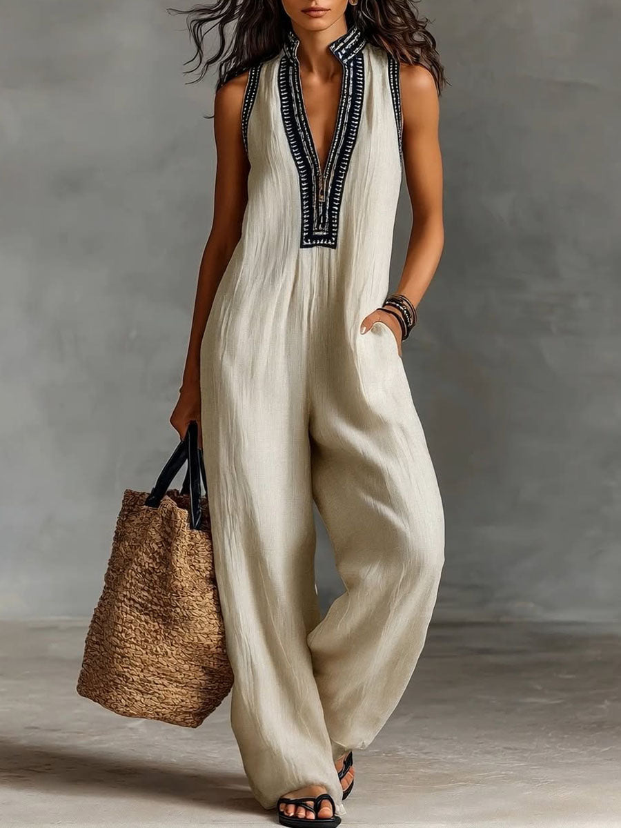 Daisy - Boho Women's Linen Jumpsuit with Wide Leg and V-Neck