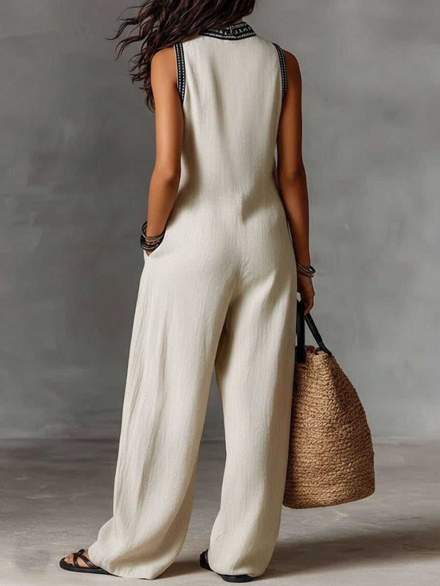 Daisy - Boho Women's Linen Jumpsuit with Wide Leg and V-Neck