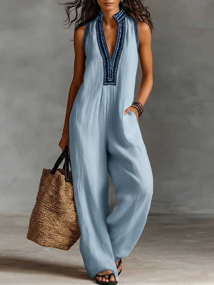 Daisy - Boho Women's Linen Jumpsuit with Wide Leg and V-Neck