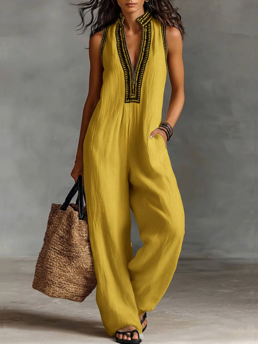 Daisy - Boho Women's Linen Jumpsuit with Wide Leg and V-Neck