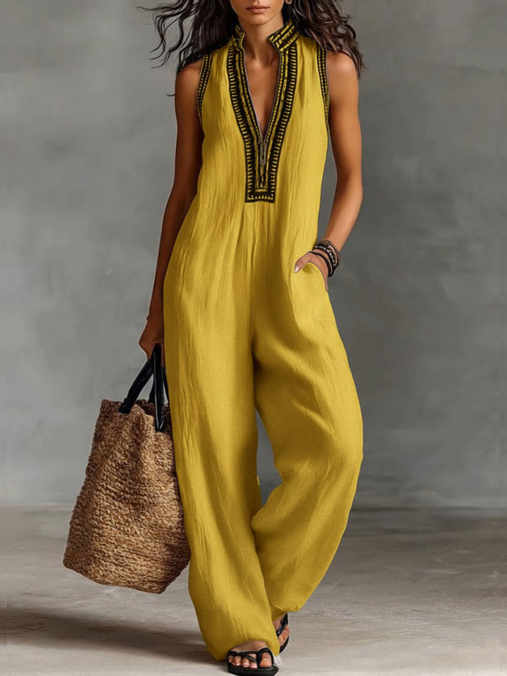 Daisy - Boho Women's Linen Jumpsuit with Wide Leg and V-Neck