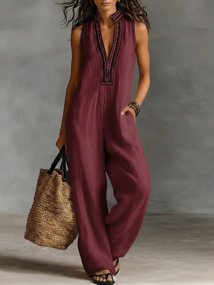 Daisy - Boho Women's Linen Jumpsuit with Wide Leg and V-Neck