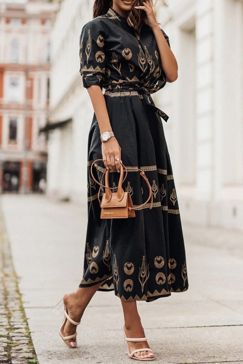 Daisy - Boho Women's Midi Dress with V-Neck and Tie Waist and Tribal Print
