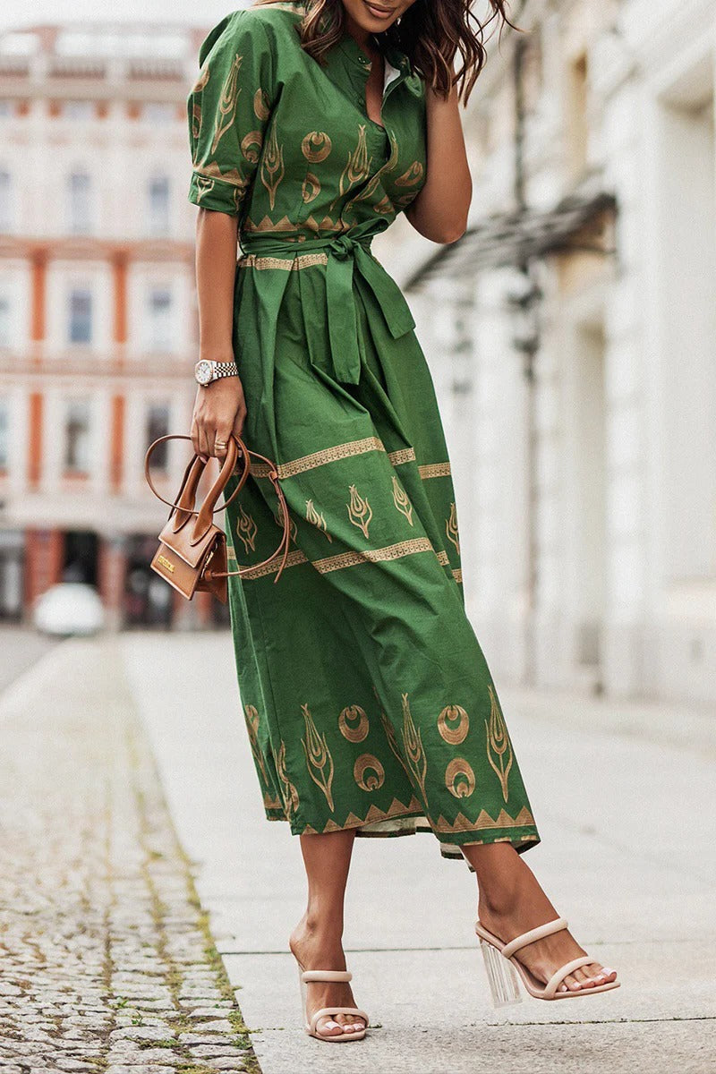 Daisy - Boho Women's Midi Dress with V-Neck and Tie Waist and Tribal Print