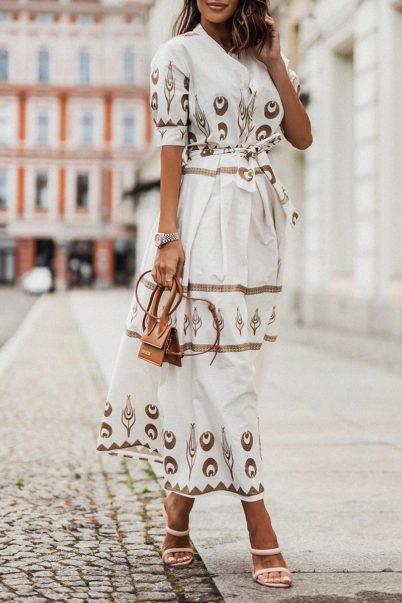 Daisy - Boho Women's Midi Dress with V-Neck and Tie Waist and Tribal Print