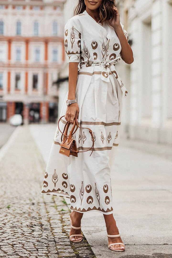 Daisy - Boho Women's Midi Dress with V-Neck and Tie Waist and Tribal Print