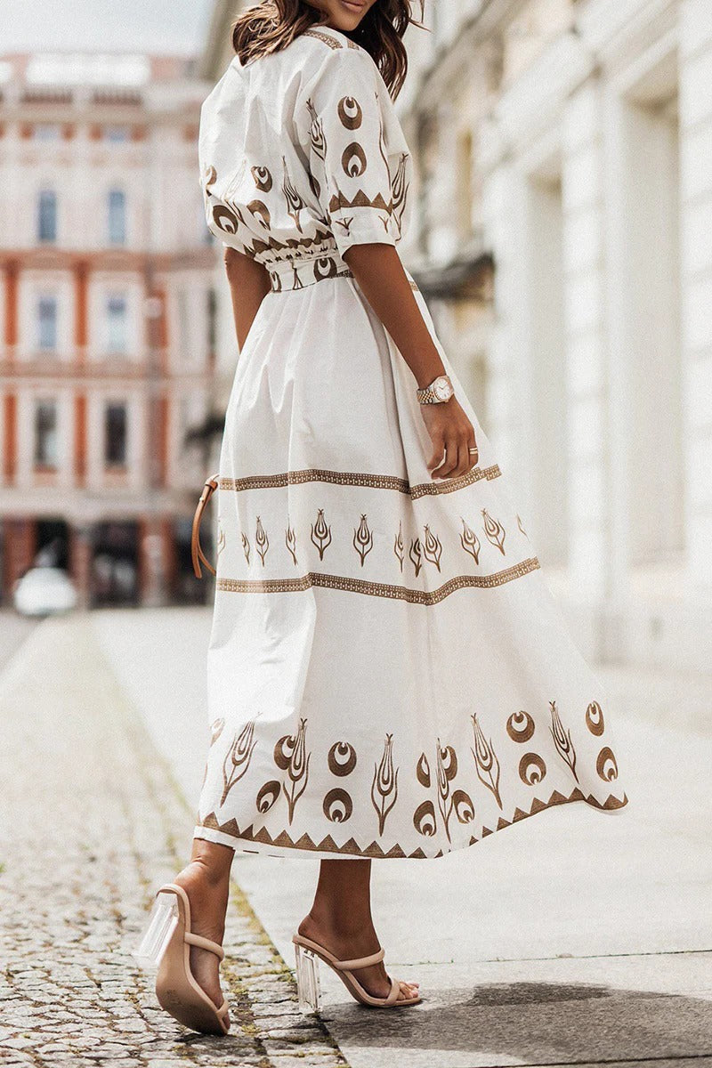 Daisy - Boho Women's Midi Dress with V-Neck and Tie Waist and Tribal Print