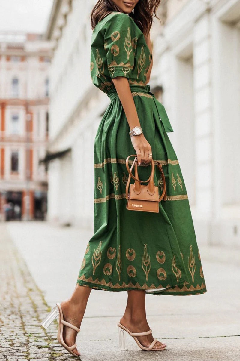 Daisy - Boho Women's Midi Dress with V-Neck and Tie Waist and Tribal Print
