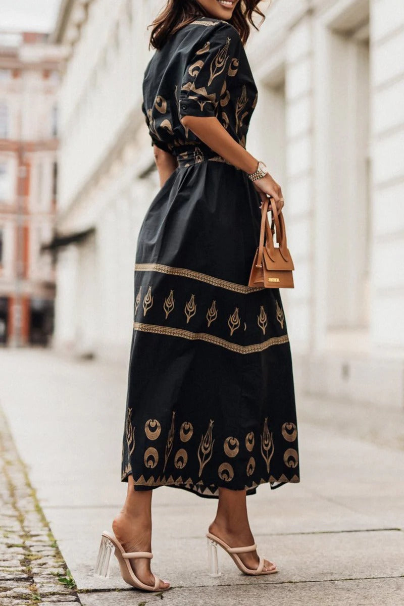 Daisy - Boho Women's Midi Dress with V-Neck and Tie Waist and Tribal Print