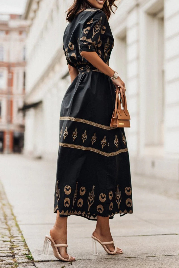 Daisy - Boho Women's Midi Dress with V-Neck and Tie Waist and Tribal Print