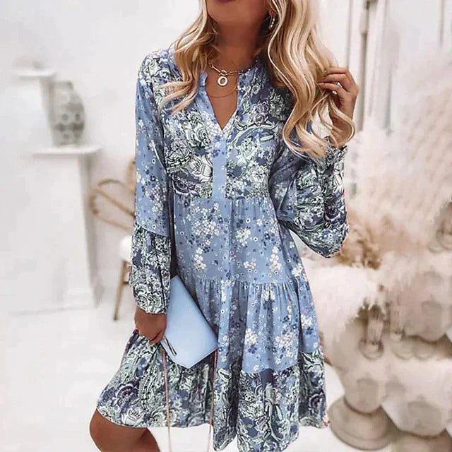 Daisy - Boho Women's Wedding Guest Dress with V-Neck, Long Sleeves and Floral Print