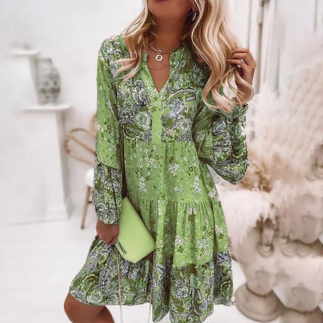 Daisy - Boho Women's Wedding Guest Dress with V-Neck, Long Sleeves and Floral Print