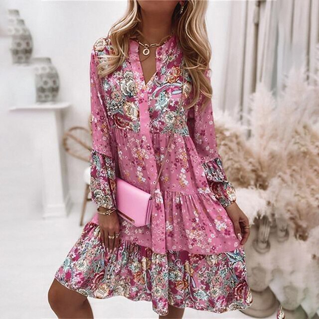 Daisy - Boho Women's Wedding Guest Dress with V-Neck, Long Sleeves and Floral Print