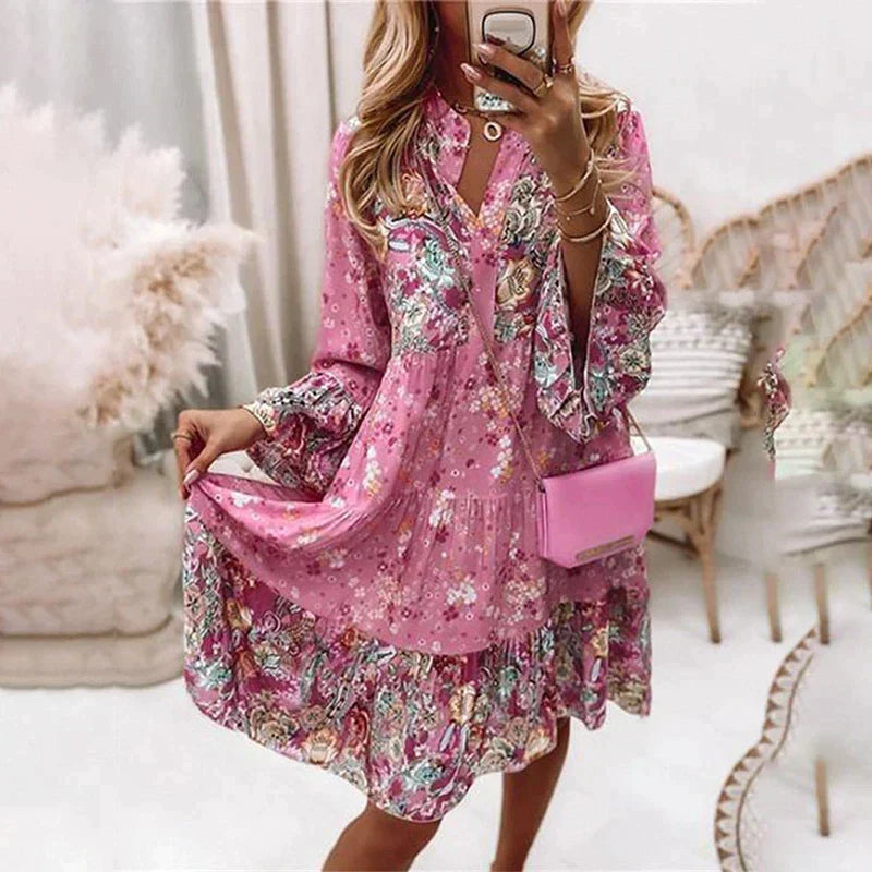 Daisy - Boho Women's Wedding Guest Dress with V-Neck, Long Sleeves and Floral Print