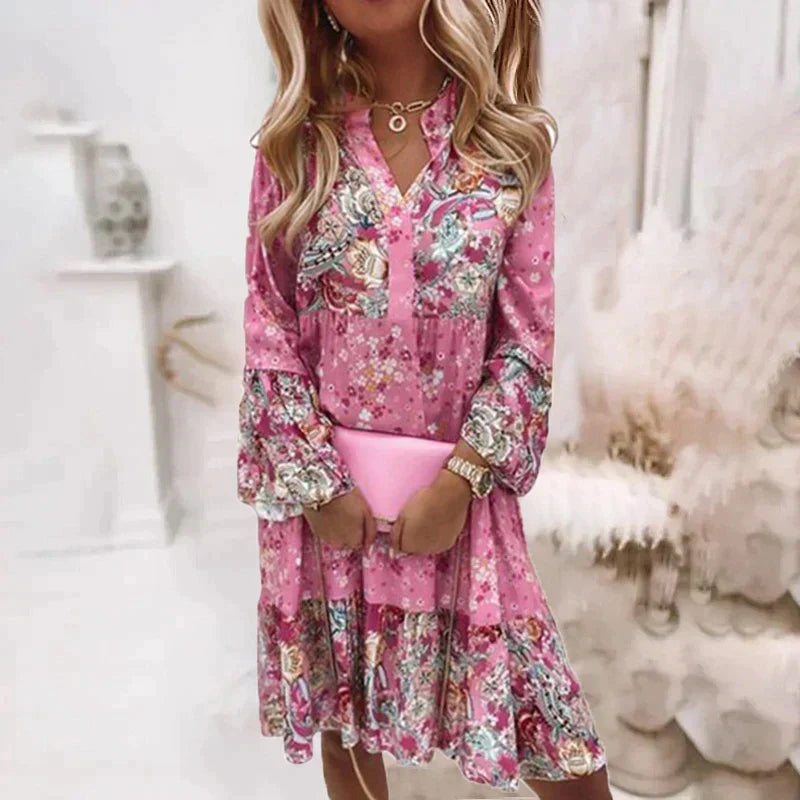 Daisy - Boho Women's Wedding Guest Dress with V-Neck, Long Sleeves and Floral Print