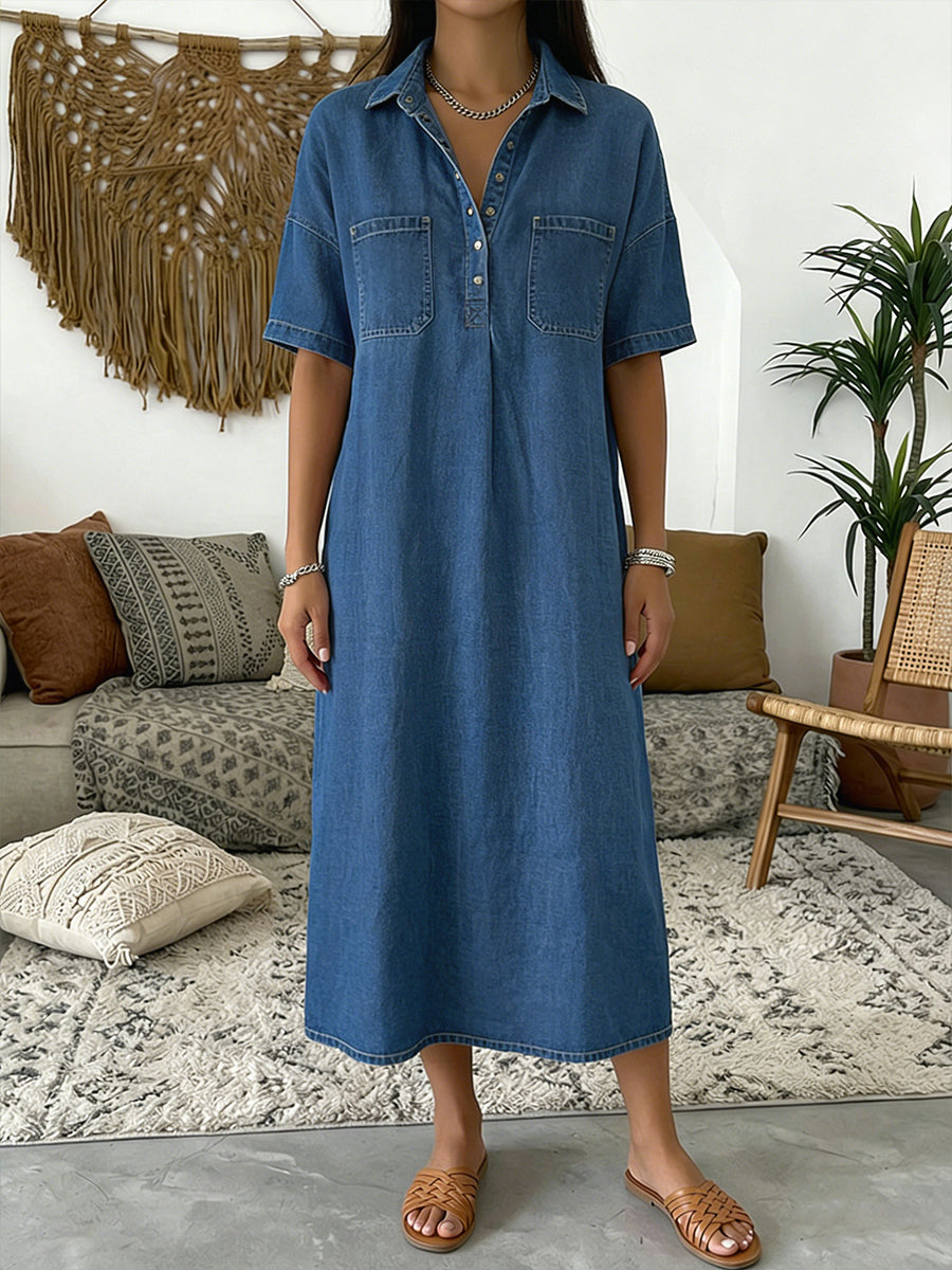 Daisy - Casual Women's Denim Fall Dress with Collared Button Front