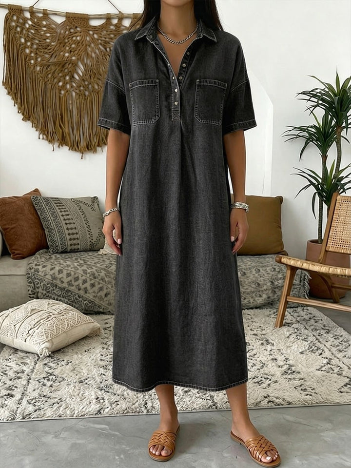 Daisy - Casual Women's Denim Fall Dress with Collared Button Front