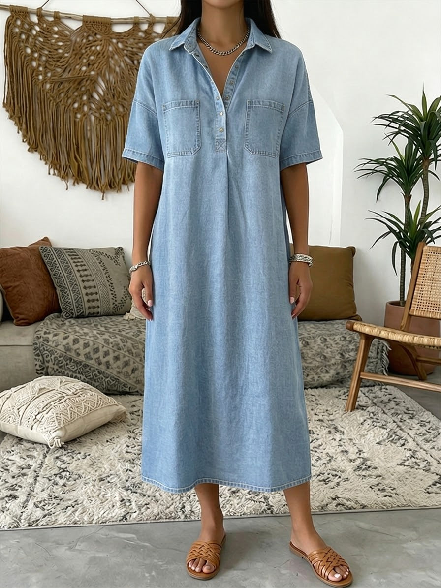 Daisy - Casual Women's Denim Fall Dress with Collared Button Front