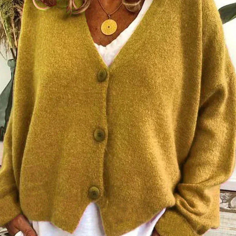 Olivia - Women's Oversized Knitted Cardigan with V Neck and Button Front
