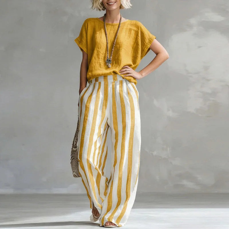 Daisy - Casual Women's Linen Co-ord Set with Striped Wide Leg Trousers