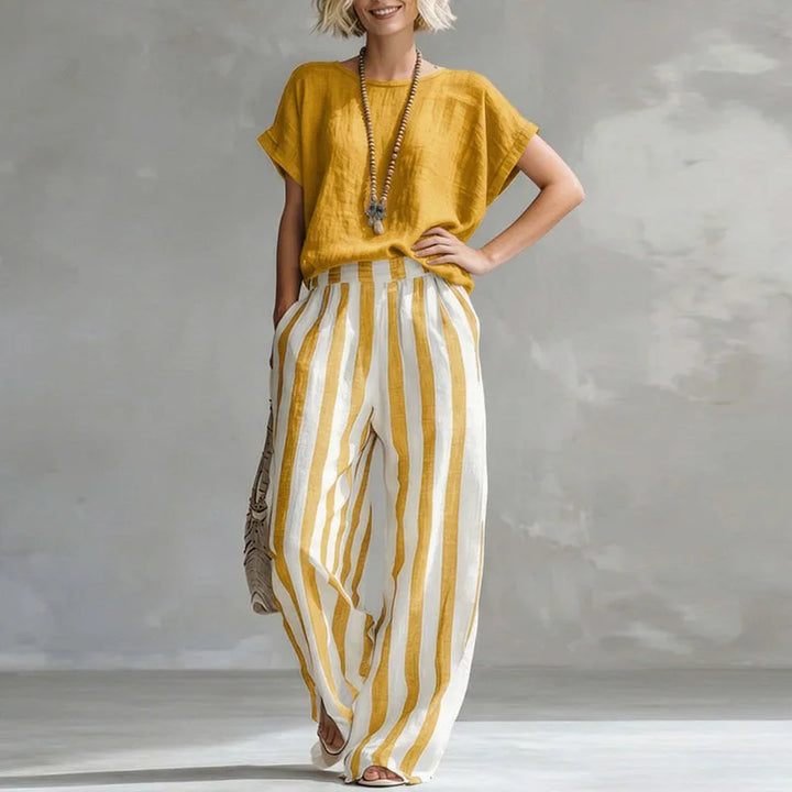 Daisy - Casual Women's Linen Co-ord Set with Striped Wide Leg Trousers