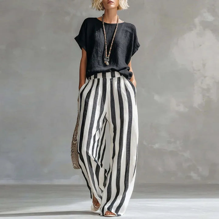 Daisy - Casual Women's Linen Co-ord Set with Striped Wide Leg Trousers