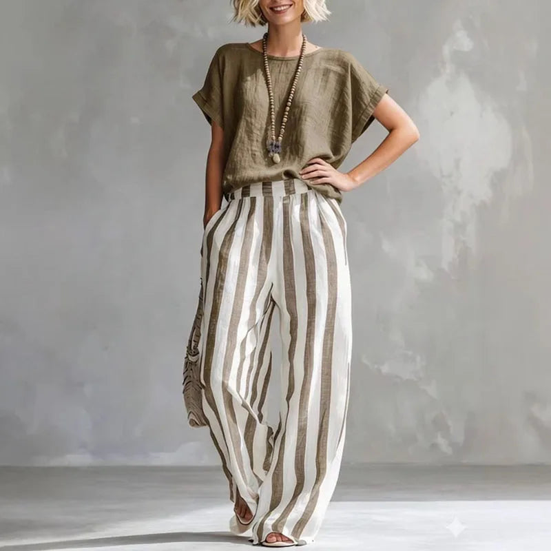 Daisy - Casual Women's Linen Co-ord Set with Striped Wide Leg Trousers