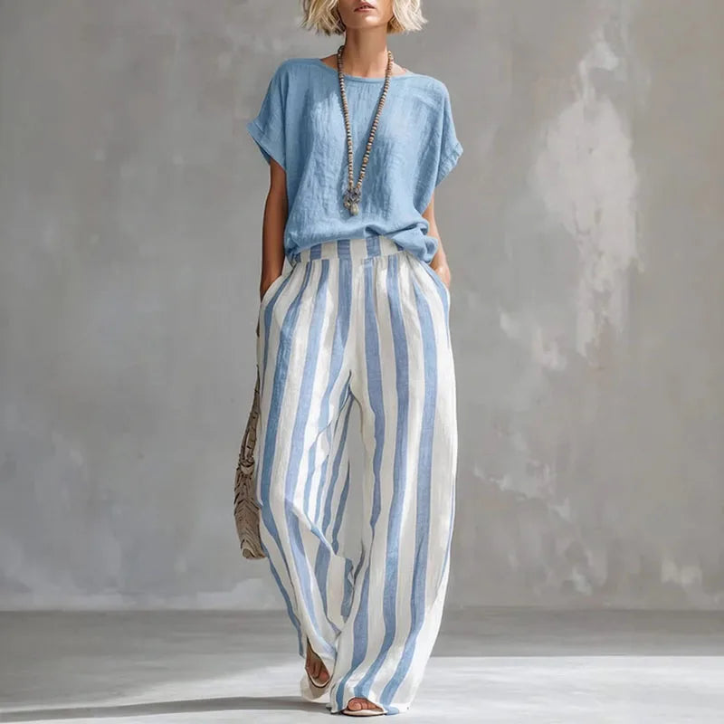 Daisy - Casual Women's Linen Co-ord Set with Striped Wide Leg Trousers