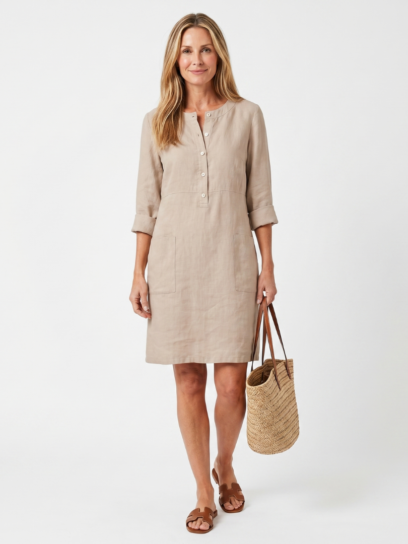 Daisy - Casual Women's Linen Dress with Three Quarter Sleeves and Button Placket