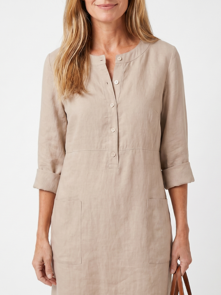 Daisy - Casual Women's Linen Dress with Three Quarter Sleeves and Button Placket