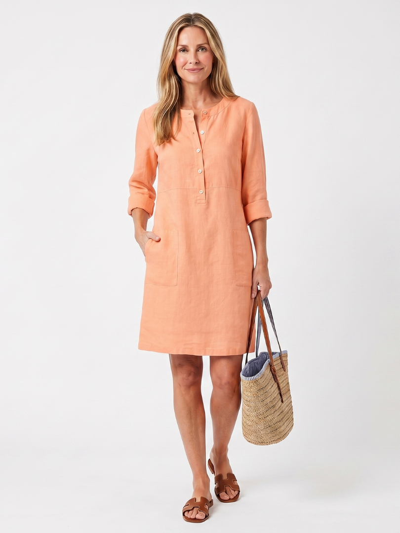 Daisy - Casual Women's Linen Dress with Three Quarter Sleeves and Button Placket