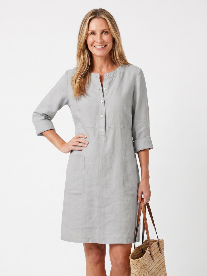 Daisy - Casual Women's Linen Dress with Three Quarter Sleeves and Button Placket