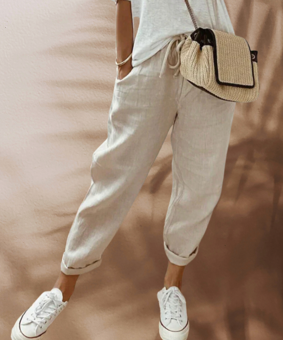 Daisy - Casual Women's Linen Trousers with Drawstring Waist and Rolled Cuffs