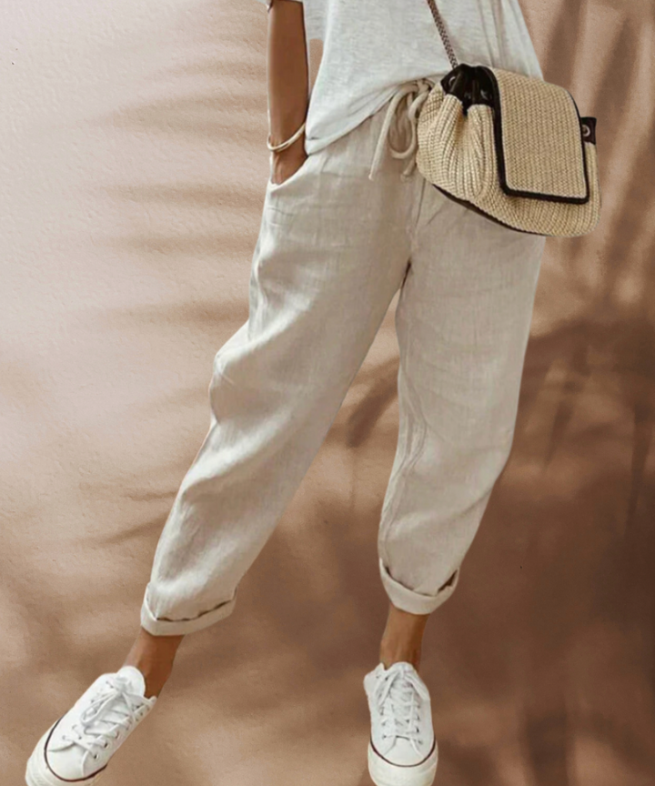 Daisy - Casual Women's Linen Trousers with Drawstring Waist and Rolled Cuffs