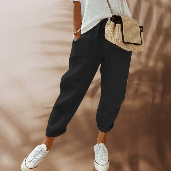 Daisy - Casual Women's Linen Trousers with Drawstring Waist and Rolled Cuffs