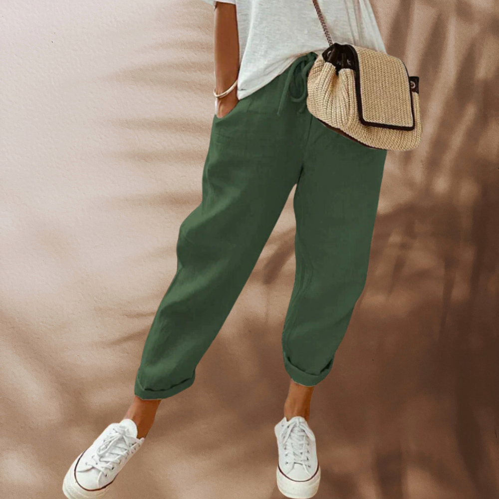 Daisy - Casual Women's Linen Trousers with Drawstring Waist and Rolled Cuffs