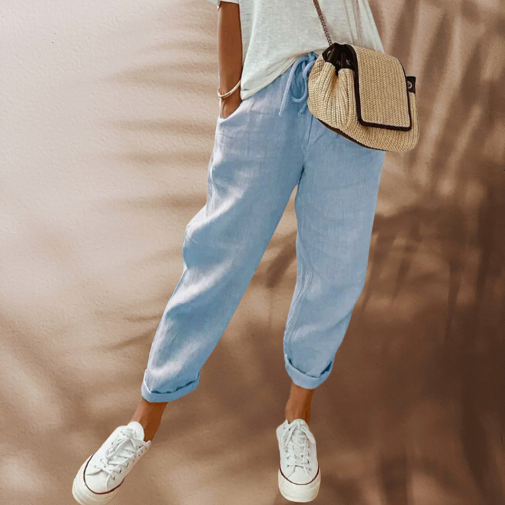 Daisy - Casual Women's Linen Trousers with Drawstring Waist and Rolled Cuffs