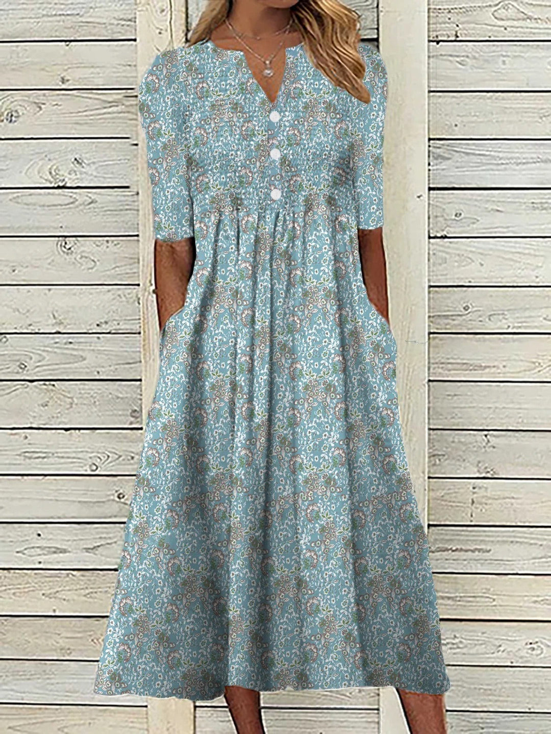 Daisy - Casual Women's Summer Midi Dress with Floral Print and Side Pockets