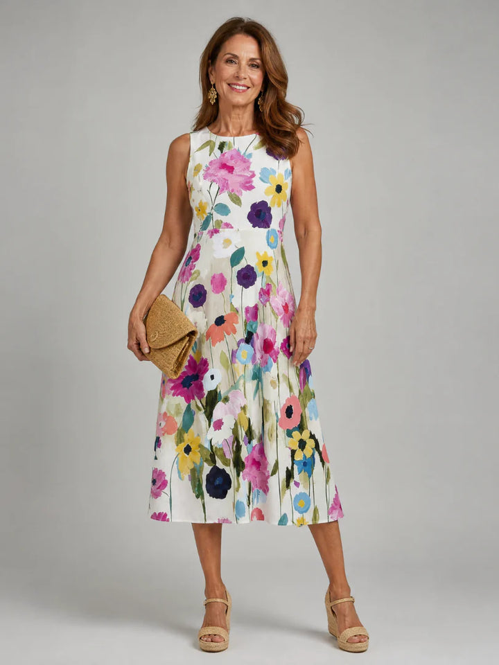 Daisy - Chic Women's Summer Midi Dress with Crew Neck and Vibrant Floral Print