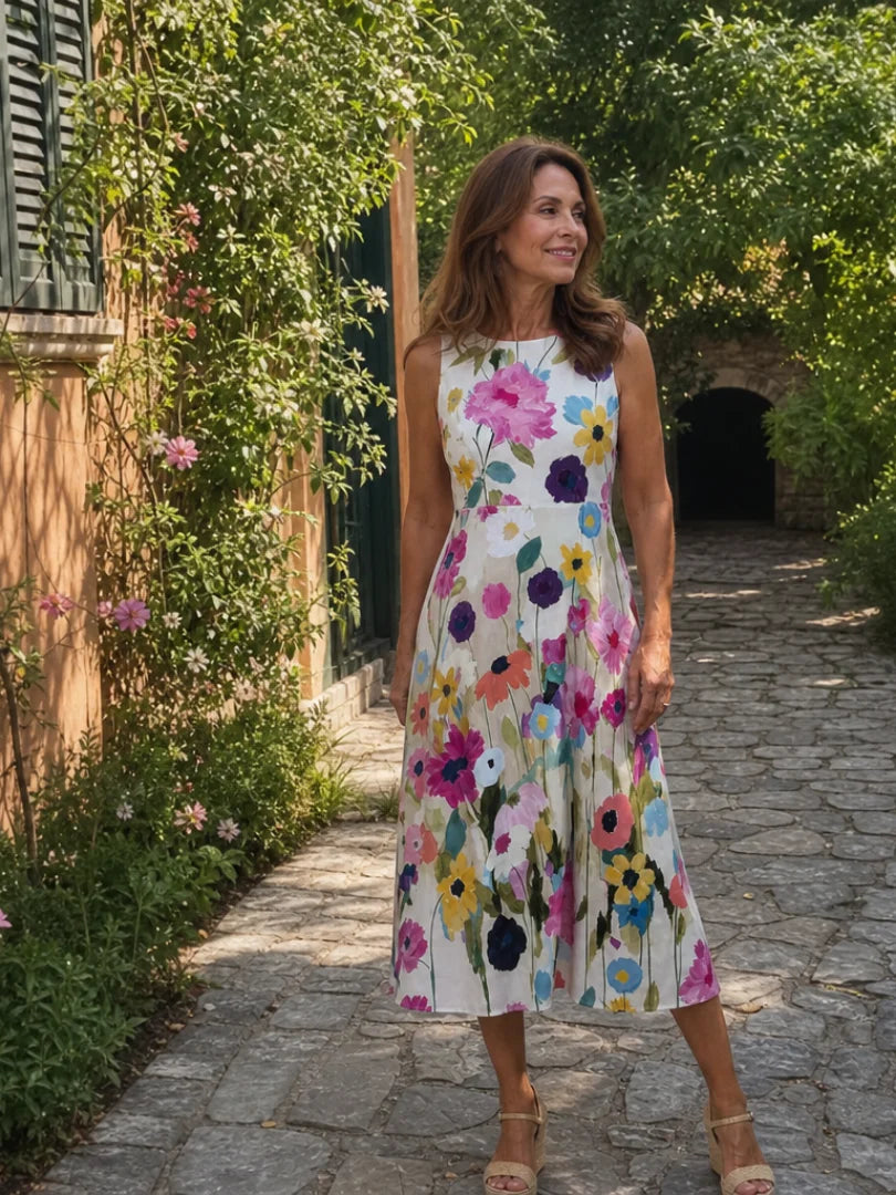 Daisy - Chic Women's Summer Midi Dress with Crew Neck and Vibrant Floral Print