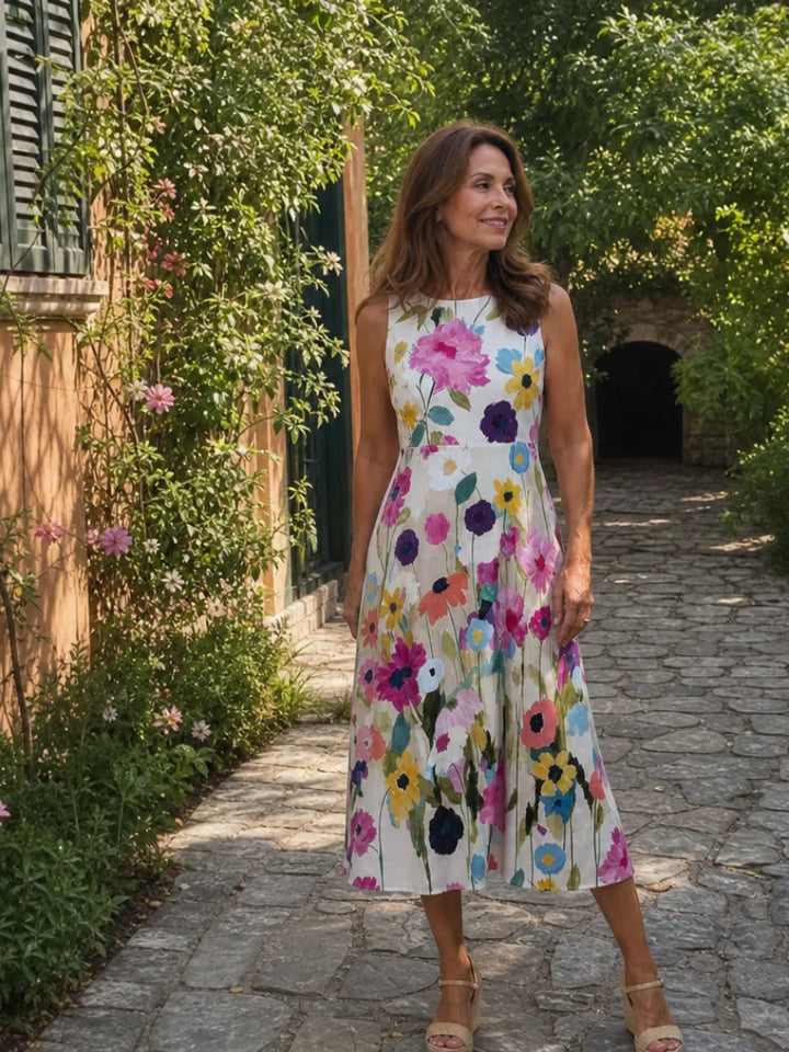 Daisy - Chic Women's Summer Midi Dress with Crew Neck and Vibrant Floral Print