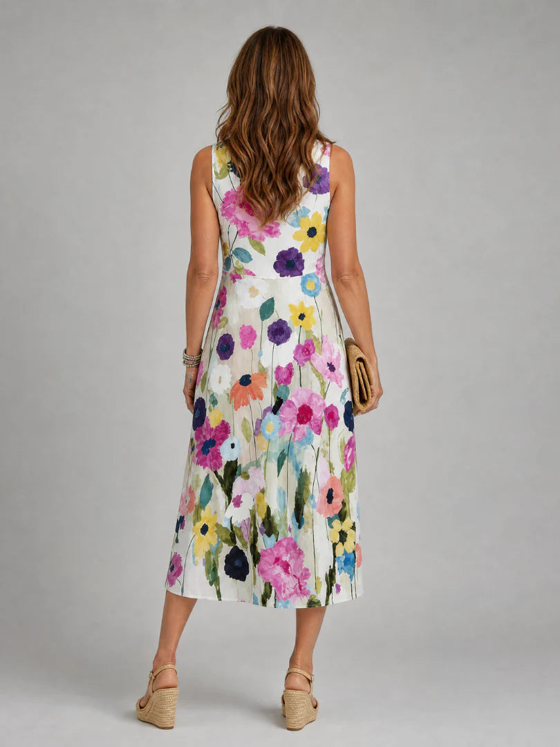 Daisy - Chic Women's Summer Midi Dress with Crew Neck and Vibrant Floral Print