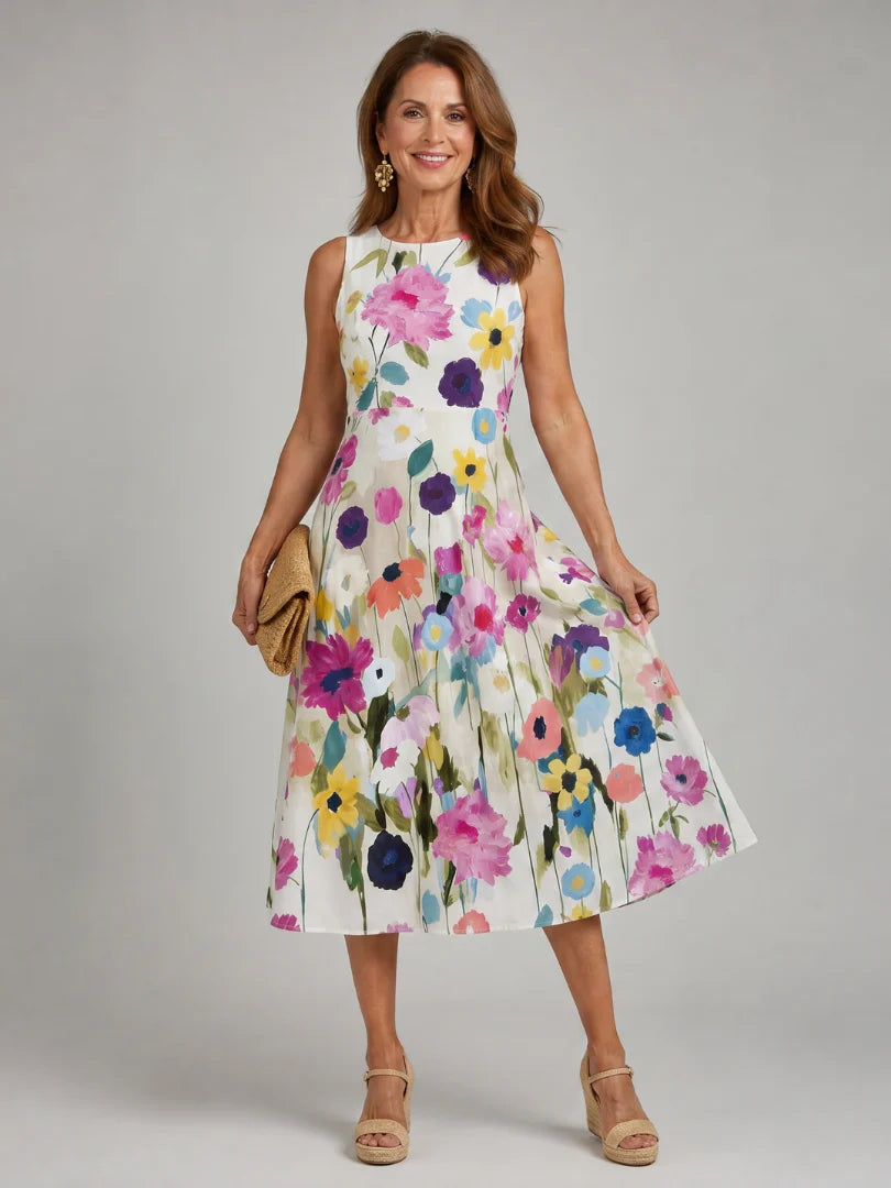 Daisy - Chic Women's Summer Midi Dress with Crew Neck and Vibrant Floral Print